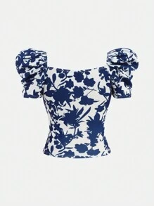 SHEIN Girlism T-shirt à col en cœur et manches bouffantes, imprimé floral élégant, bleu et blanc, idéal pour les vacances, pour adolescentes filles