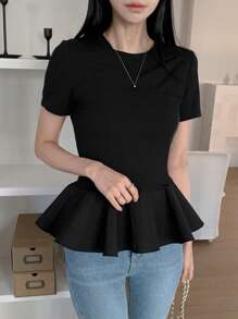 DAZY Women's Solid Color Ruffle Hem Short Sleeve T-Shirt