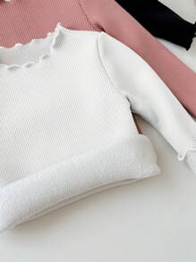 SHEIN LMoss Kids LMoss 3pcs/Set Baby Girls Cute Solid Color Knitted Thick Long Sleeve Top With Ruffle Hem, Autumn/Winter