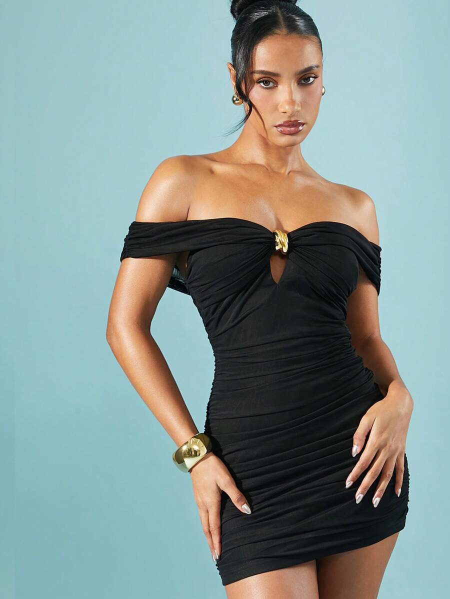 SHEIN Unity Mesh Off Shoulder Ruched Bodycon Keyhole Mini Holiday Christmas Party Black Dress With Gold Detail - Black - View 1