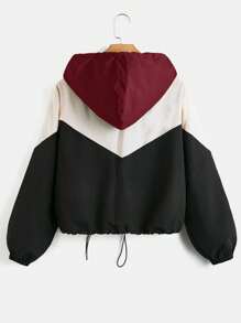 SHEIN EZwear Plus Size Autumn Casual Color-Block Drawstring Hooded Jacket Winter Fall - Burgundy - View 2