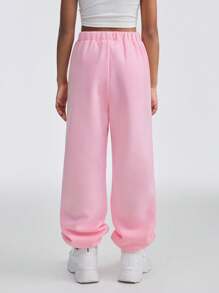 SHEIN Tween Girl Basic Knit Bow Thermal Lined Pink Baggy Cuffed Sweatpants , Mom And Daughter, Party / New Year Eve / Streetwear - Coral Pink - View 2