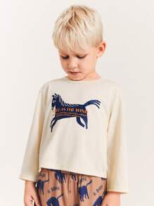 THE HAPPY LOOK T-Shirt mit Rundhalsausschnitt und Pferde-Print für Jungen, kastenförmiger Schnitt, lässiger Alltagsstil, nicht dehnbarer Strickstoff, Drop-Shoulder