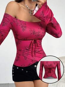 SHEIN Unity 露肩碎花蝴蝶结修身T恤，Y2K圣诞节派对