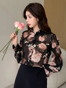 DAZY 春夏季假期情人节花卉印花宽松泡泡袖女士衬衫透视装