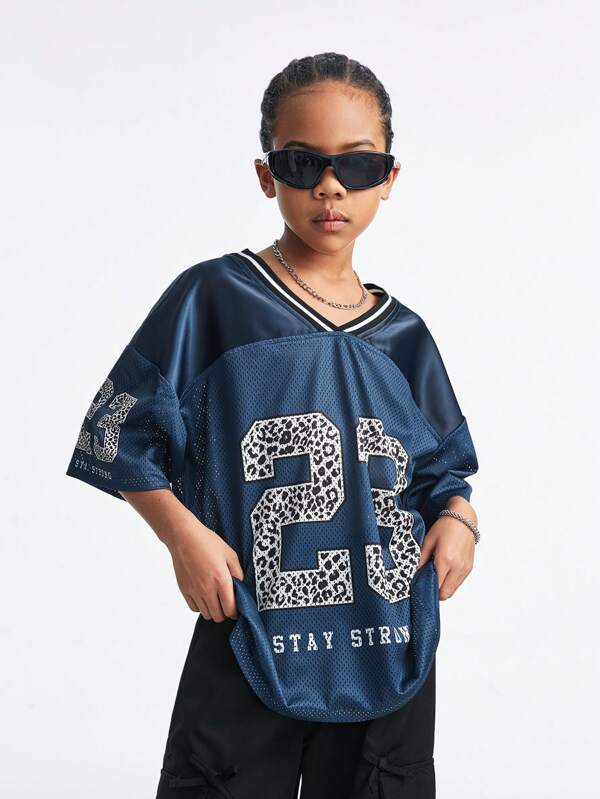 Coolane Kids تيشيرت كاجوال كبير الحجم بياقة على شكل V مطبوع بنمط الفهد والخطوط للفتيات المراهقات