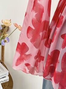 Soleia Áo thun nữ cổ chữ V dài tay loe in nơ lãng mạn cho kỳ nghỉ, mùa xuân hè, màu hồng đỏ, họa tiết bướm, áo dự tiệc nữ, quần áo Giáng sinh nữ, quần áo ngày lễ tình nhân - Nhiều màu - Xem 6