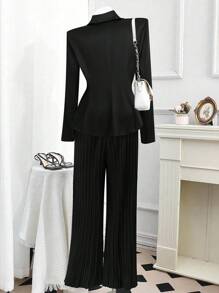 Calvaya Plus Size Women Black Square Collar Long Sleeve Pleated Straight Leg Pants Suit, Elegant For Commuting Fall Cloth For Women - Black - View 2