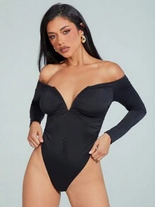 Denimoi Off Shoulder Ruched Long Sleeve Bodysuit - Black - View 2