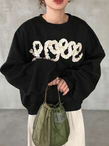 FRIFUL Women's Casual Loose Letter Ruffle Trim Round Neck Long Sleeve Sweatshirt, Autumn/Winter