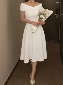 DAZY 女士露肩修身中长连衣裙优雅太阳裙，婚礼礼服