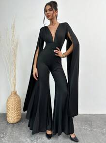 Firerie New Year Women's Elegant Minimalist V-Neck Long Sleeve Jumpsuit With Slit, Cinched Waist, Flared Leg, Black Slim Fit, Suitable For Party And Banquet