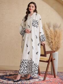 Al Najma 女式蝙蝠袖连帽土耳其和阿拉伯传统长款束腰外衣、卡夫坦和贾拉比亚，端庄大方 - 杏色 - 查看 6