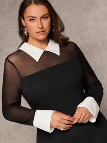 SHEIN Clasi 大码女式秋季网眼撞色修身鱼尾连衣裙，适合工作服 - 黑與白 - 查看 6