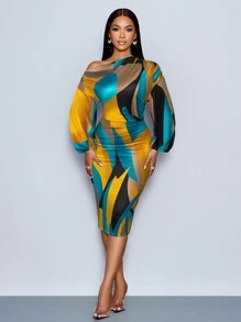 SOLERSUN 女装冬季优雅新年派对情人节舞会圣诞节法式白色波尔卡圆点图案露肩长袖针织臀罩老钱风格跨年性感休闲促销女式中长连衣裙 - 黃色 - 查看 7