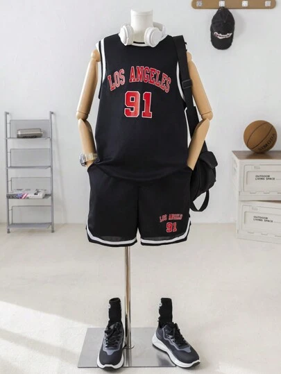 SHEIN Teen Boy Casual Comfortable Printed Top And Knitted Shorts Set