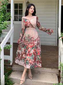 DAZY 女士 V 领花卉印花中长款系腰连衣裙，秋季服装长袖连衣裙