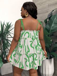 Slaydiva Plus Size Women's Loose Smock Dress, Multi-Layer Patchwork, Adjustable Knotted Shoulder Straps, Artistic Print, Mini Summer Dress For Vacation, Casual, Party