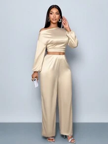 SOLERSUN 2024 New Autumn And Winter Elegant Business For Commuting, High-Grade Satin Slanted Shoulder Top & Pants Set