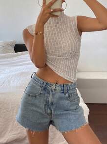 Livesso Quần short denim siêu ngắn rách gấu dành cho nữ, kiểu dáng thường ngày và thời trang. - Rửa trung bình - Xem 3