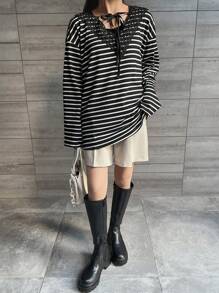 FRIFUL Women Loose Fit V-Neck Lace Patchwork Tie-Waist Striped T-Shirt Long Sleeve
