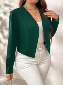 SHEIN Clasi Plus Size Women's Solid Color Long Sleeve Open Front Short Casual Jacket, Autumn - Dark Green - View 6