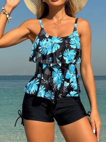 Swim Lushoire Ruffled Trim Print Top And Solid High Waist Drawstring Waist Shorts Swimwear 2 Pieces Set Summer - Multicolor - View 1