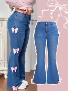 蓝色加大码牛仔裤高弹力牛仔裤粉色蝴蝶结甜美牛仔裤情人节牛仔裤修身喇叭裤 - 中等水洗藍 - 查看 1