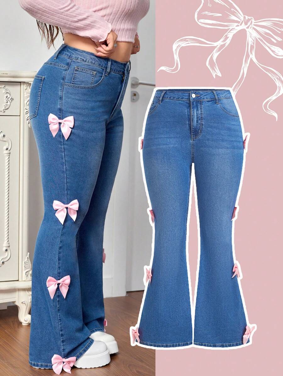 蓝色加大码牛仔裤高弹力牛仔裤粉色蝴蝶结甜美牛仔裤情人节牛仔裤修身喇叭裤 - 中等水洗藍 - 查看 1