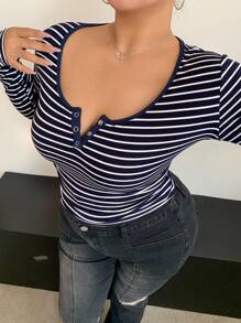 Dazy Petite Plus Crew Neck Half Placket Fitted Striped Long Sleeve Short T-Shirt, Black, Spring/Summer/Autumn - Black - View 1