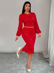 Celure 2pcs Women Plus Size Elegant Solid Color Rhinestone Decor Round Neck Puff Sleeve Christmas Party & Date Night T-Shirt With Mini Skirt Set For New Year Clothes