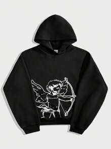 Forever 21 男士宽松黑色丘比特印花连帽运动衫，休闲百搭，适合秋冬季，黑色连帽衫 - 黑色 - 查看 1