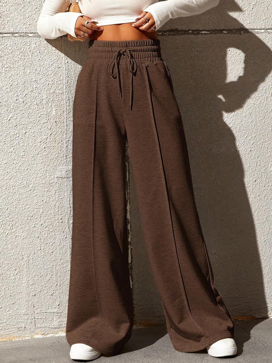 SHEIN EZwear 女士纯色抽绳腰阔腿宽松休闲运动裤,适合毕业季、教师节、返校季穿着 - 棕色 - 查看 1