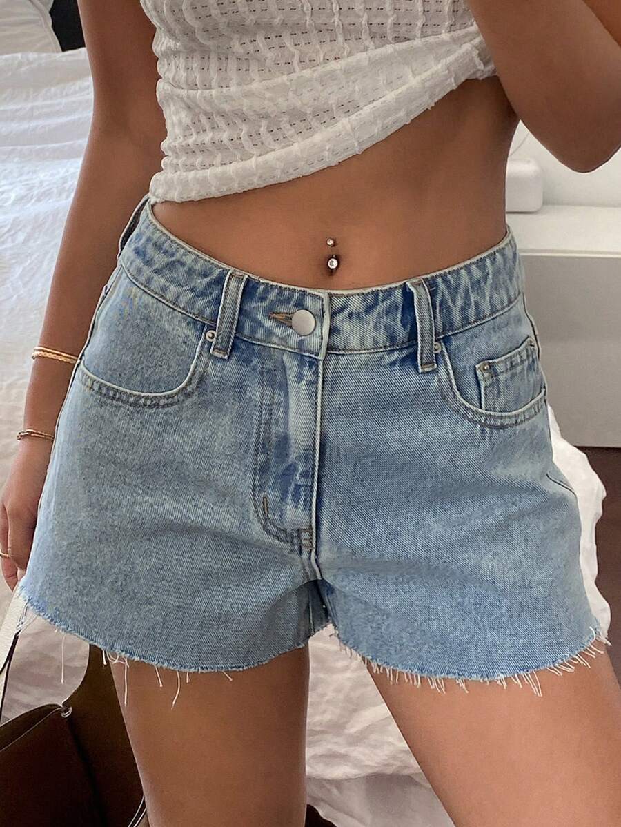 Livesso Quần short denim siêu ngắn rách gấu dành cho nữ, kiểu dáng thường ngày và thời trang. - Rửa trung bình - Xem 1