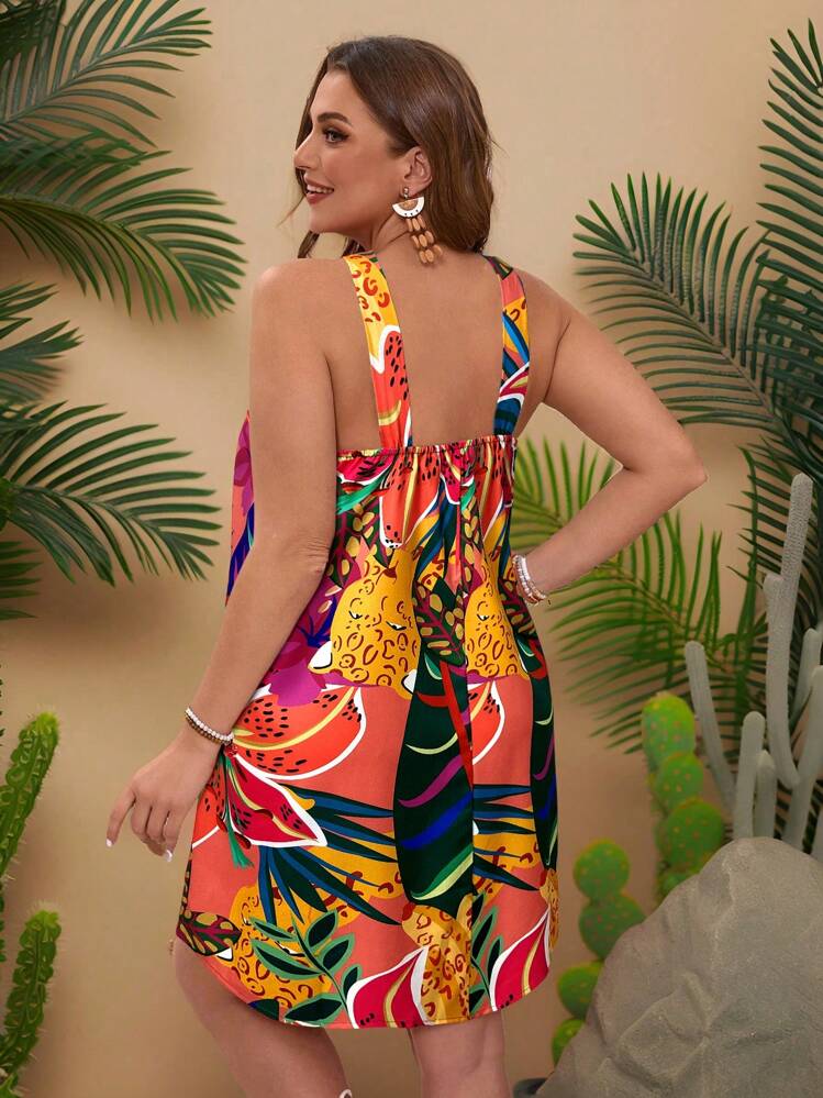 Travachic Vestido Haltere de Impressão Tropical Boho Plus Size Sem Costas, Estilo de Férias Casual, Para o Verão - Multicolorido - Visão 2