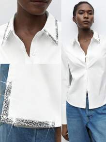 Maija Blusa elegante con aberturas en las mangas, cintura a la cintura, decoración de cristal, estilo urbano de campana, adecuada para uso casual, retro, de viaje, salidas, vacaciones, ceremonias, fiestas de Navidad y San Valentín. - Blanco - Ver 6