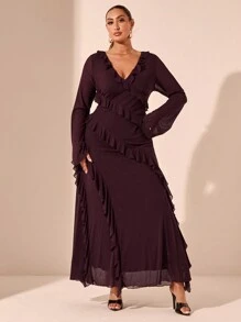 SHEIN Tall CURVE 大码长袖连衣裙，浪漫甜美荷叶边秋季连衣裙，适合约会、旅行、秋季内衣、蝴蝶结、女士夏季连衣裙、女士节日派对服装、优雅、生日服装、网眼、性感连衣裙、大码生日礼服、上衣、合身、纯色T恤、女士基本款上衣、西方女装、夏季衬衫、夏季上衣、紧身衬衫、复活节 - 酒紅色 - 查看 4