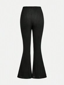 SHEIN 2 件套青少年女孩休闲罗纹针织弹力长袖短款拉链夹克和喇叭裤，秋季套装 - 黑色 - 查看 9