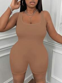 CovetEZ Plus Size Stretch Knit Yoga Simple Jumpsuit - Brown - View 5