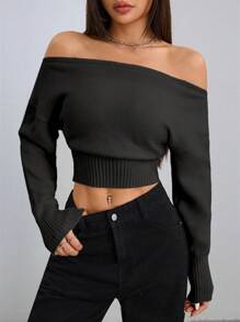 Flirla Áo len chui đầu tay dài hở vai thường ngày cho nữ mùa thu đông - màu đen - Xem 4