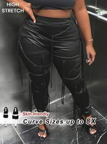 SHEIN CURVE+ Plus Size Women's Slim Fit Pants With Cross Tie Design, Suitable For Parties, Gatherings, Daily Leisure