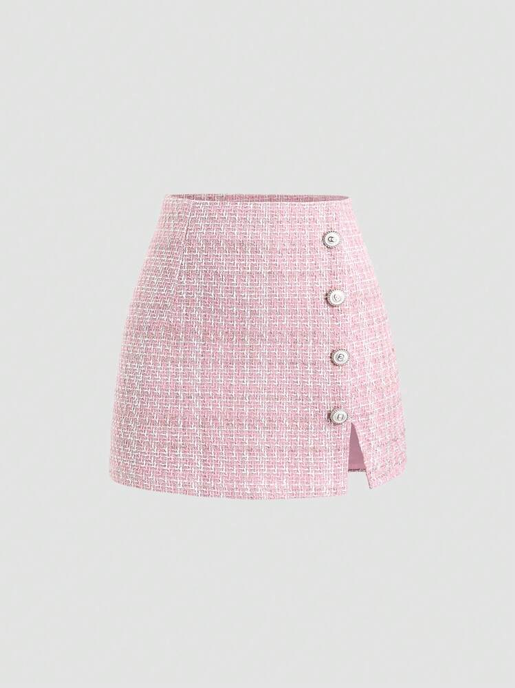 Sweetra Jupe mini femme élégante et polyvalente en tweed rose, à taille haute, coupe évasée, avec fente et décoration de boutons