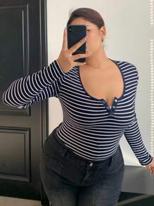 Dazy Petite Plus Crew Neck Half Placket Fitted Striped Long Sleeve Short T-Shirt, Black, Spring/Summer/Autumn - Black - View 5