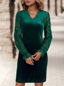 EMERY ROSE Velvet Patchwork Elegant Lace Long Sleeve V-Neck Women Winter Dresses - Black - View 1