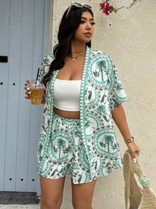 Breezaya Conjunto de kimono casual con estampado tropical, apropiado para vacaciones de mujer - Multicolor - Ver 1