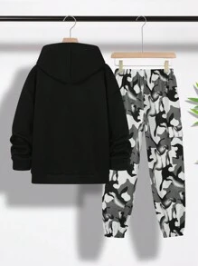 SHEIN 2pcs/Set Casual Teen Boys' Comfortable Simple Versatile Cute Soft Thick Fabric Hoodie Sweatshirt & Camo Pants Outfit, Suitable For School, Outdoors, Sports, All Seasons