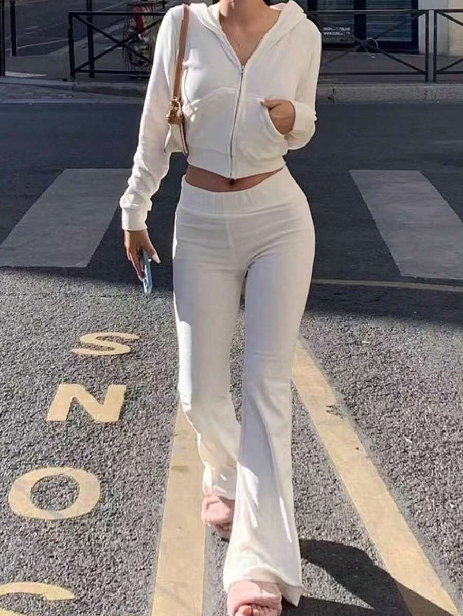 SHEIN EZwear 2pcs Women Long Sleeve Hooded Sweatshirt With Pocket & High Waist Flared Pants Set