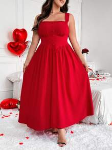 Flirla 纯色优雅合身吊带背心连衣裙，情人节印花，玫瑰、心形、波尔卡圆点、爱心、嘴唇、丘比特、108D 花卉 - 紅色 - 查看 1