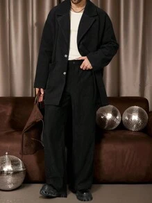 Manfinity VCAY 男士梭织时尚休闲宽松长袖开襟针织夹克，外出时尚黑色夹克，适合朋友、丈夫、男朋友的礼物，适合秋冬 - 黑色 - 查看 1