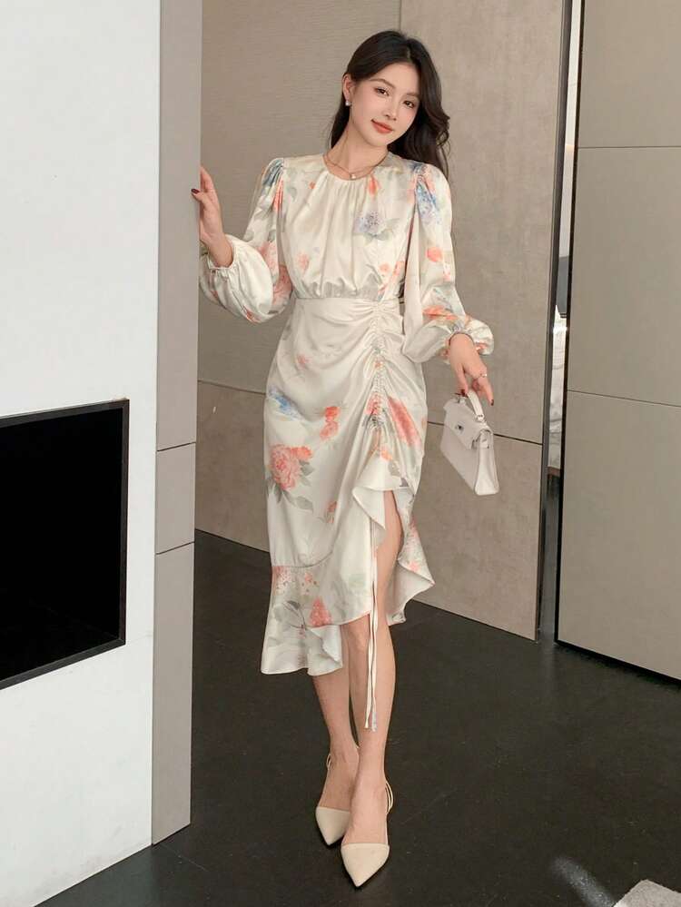Women's Ditsy Floral Ruffle Hem Midi Dress, Suitable For Spring And Fall, Valentine's Day Long Sleeve Dress